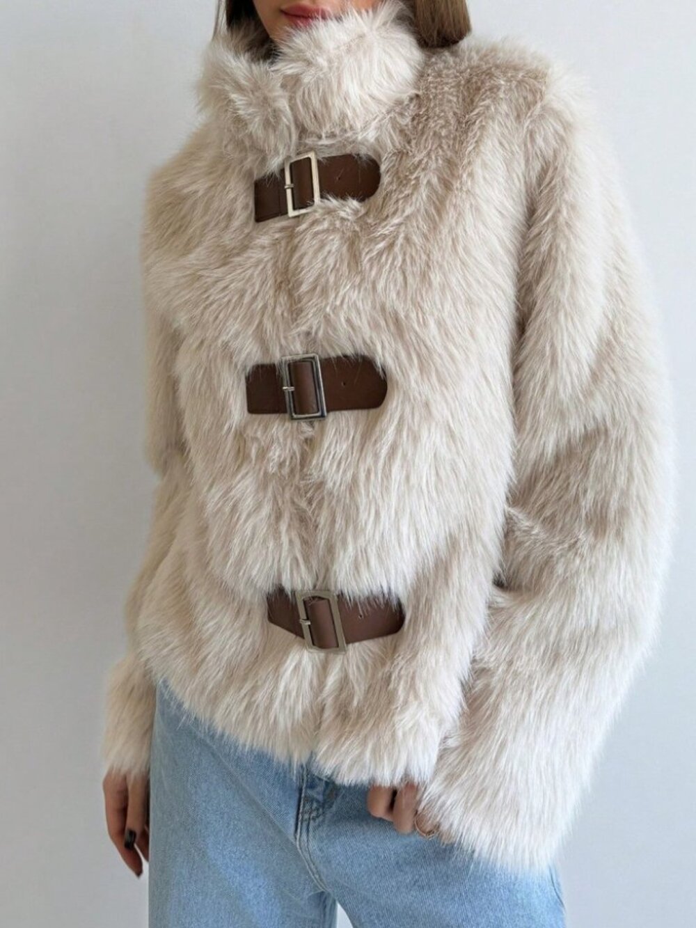 Cream Faux Fur Teddy Jacket with Buckle Strap Trim Detail